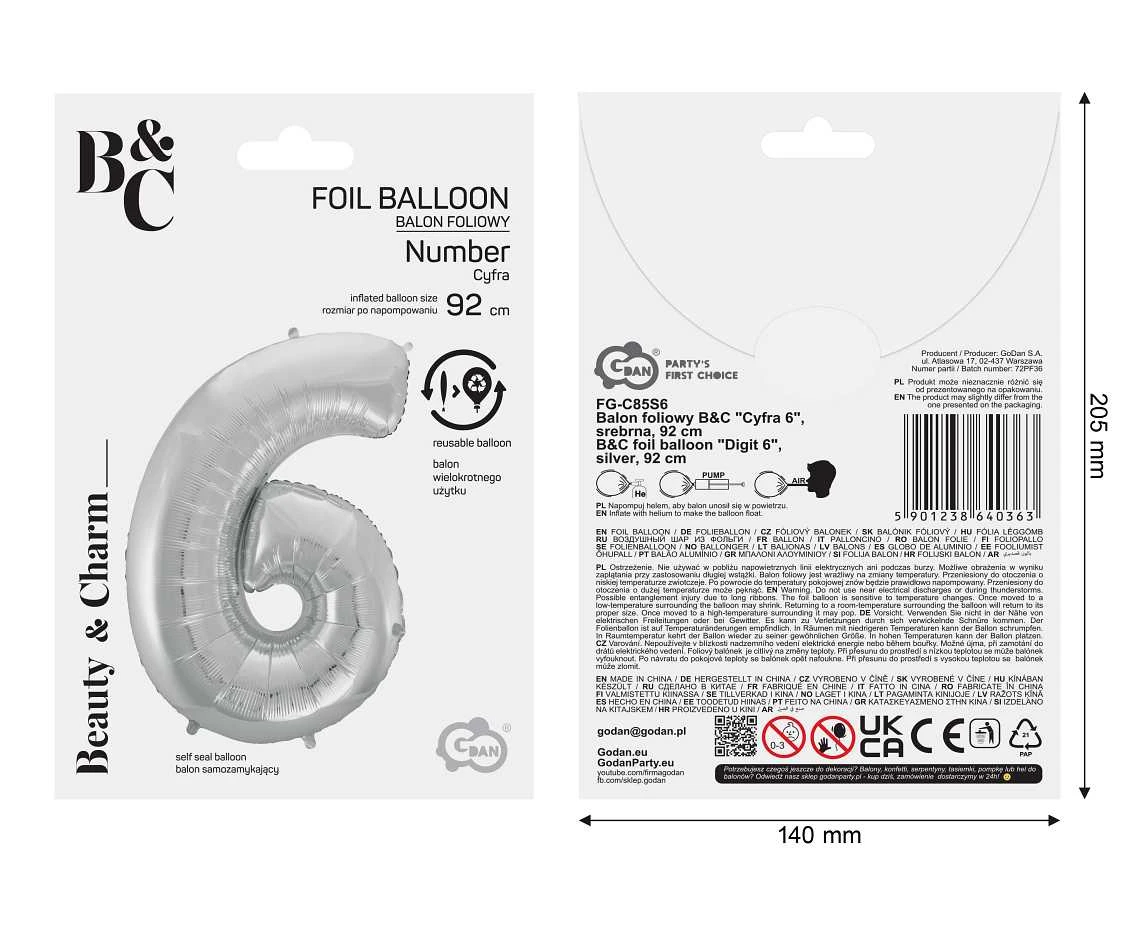 Balon foliowy B&C Cyfra 6, srebrna, 92 cm AA